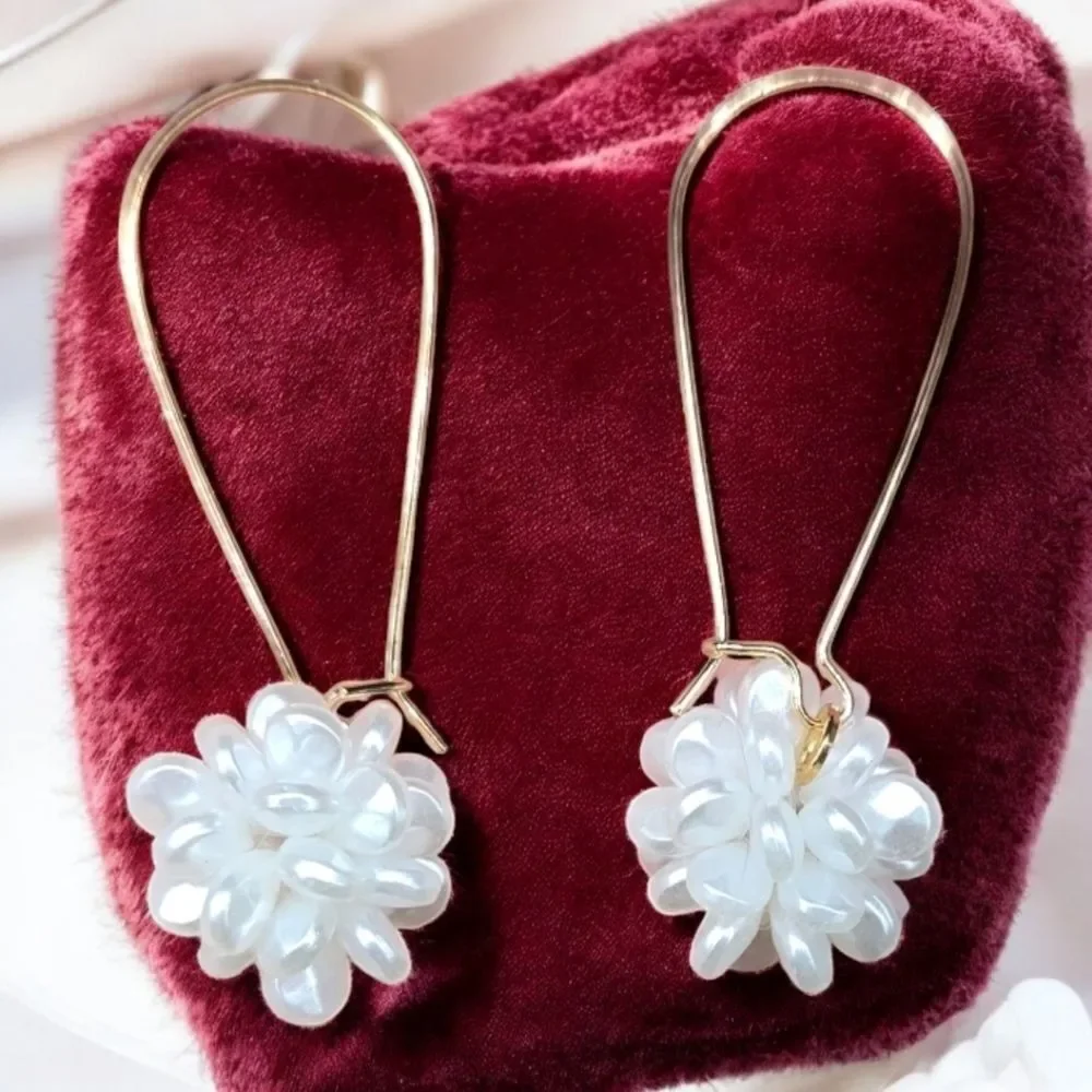 Pearl Flower Drop Earrings Gold Hoop Bridal Wedding Elegant Statement Earrings
